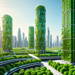 A futuristic cityscape powered by artificial photosynthesis panels, showcasing clean energy and sustainable technology. Focus on bright colors and innovative design.