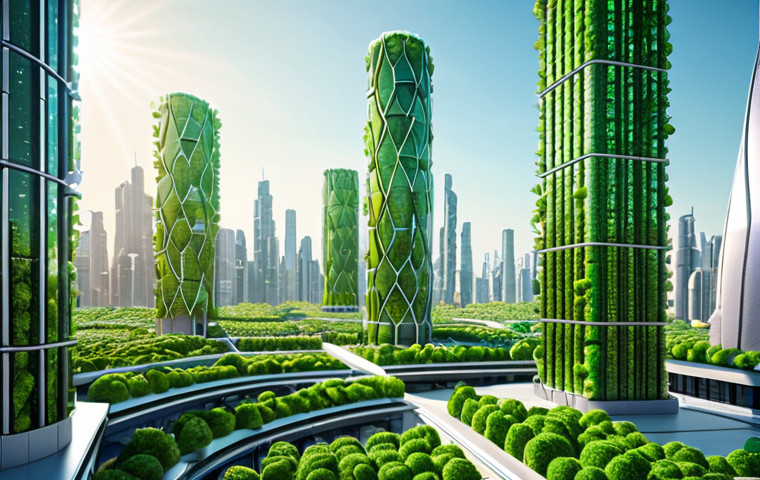 A futuristic cityscape powered by artificial photosynthesis panels, showcasing clean energy and sustainable technology. Focus on bright colors and innovative design.