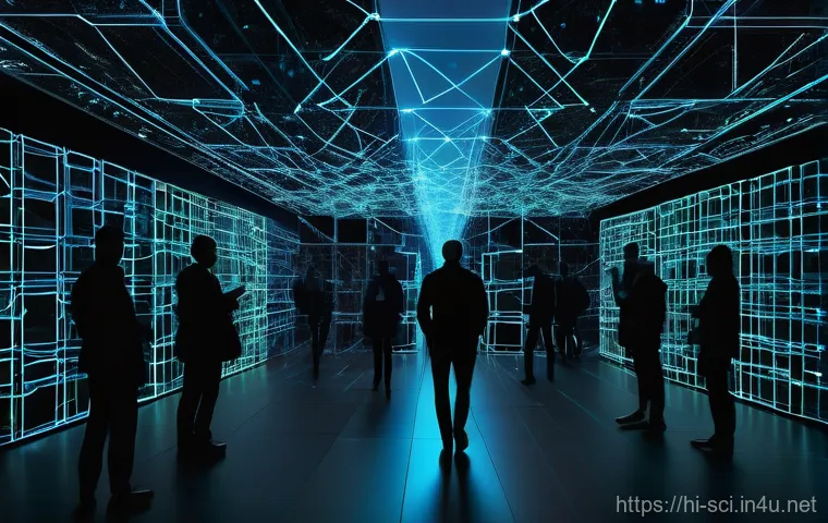 블록체인과 분산 네트워크 보안 - **Prompt:** A dynamic, split-screen image contrasting centralized and decentralized data security. O...