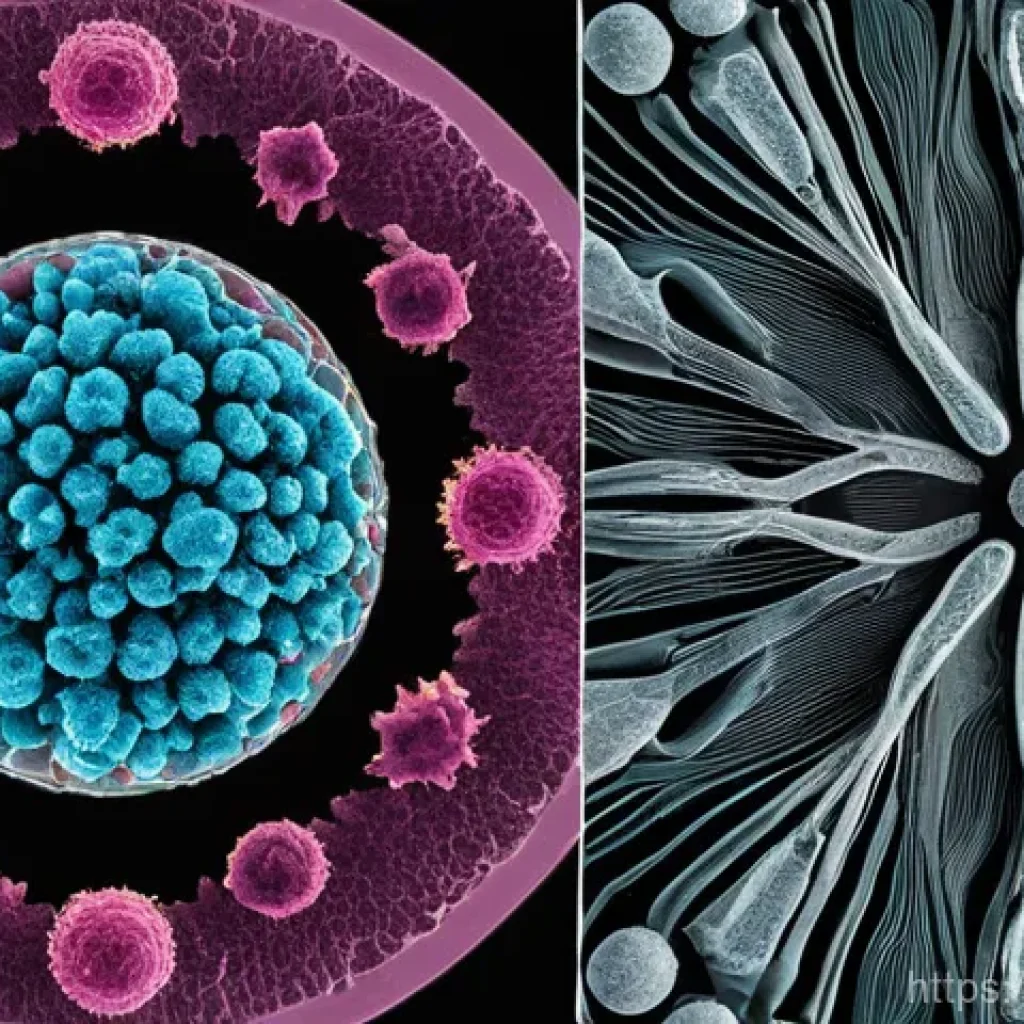 광학 현미경과 전자 현미경 비교 - **A Side-by-Side Comparison of Microscopic Views:** A split image showing two distinct microscopic o...