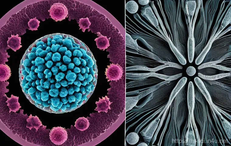 광학 현미경과 전자 현미경 비교 - **A Side-by-Side Comparison of Microscopic Views:** A split image showing two distinct microscopic o...