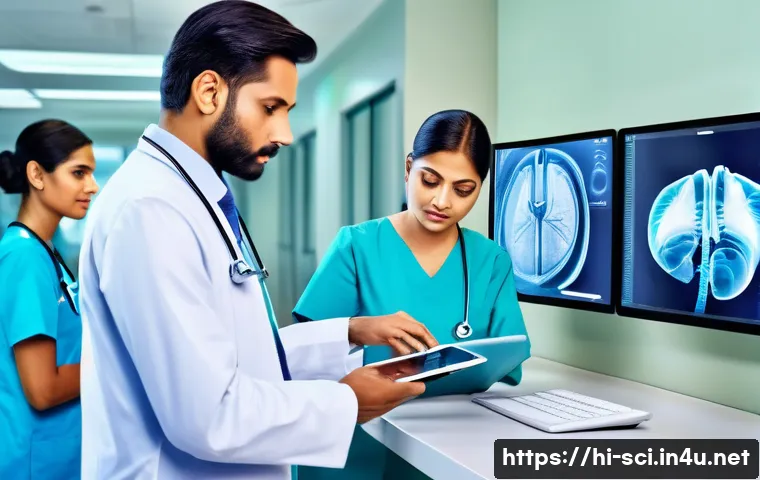 유전자 데이터와 개인 맞춤 의학 - A modern hospital emergency room scene showing a diverse group of Indian healthcare professionals us...
