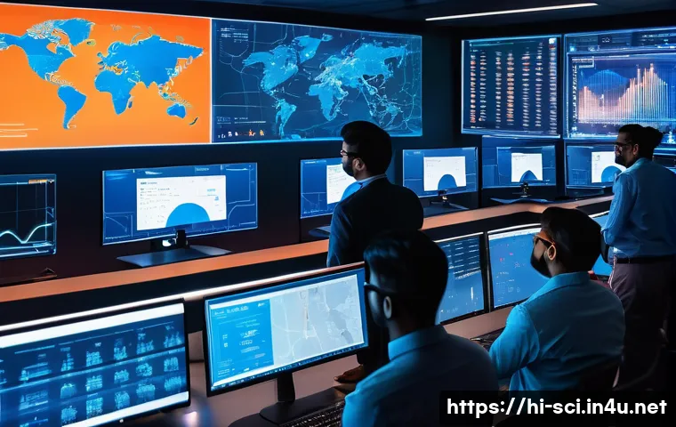 사이버 보안과 AI 기반 방어 시스템 - A futuristic cybersecurity control room featuring a diverse team of Indian IT professionals analyzin...