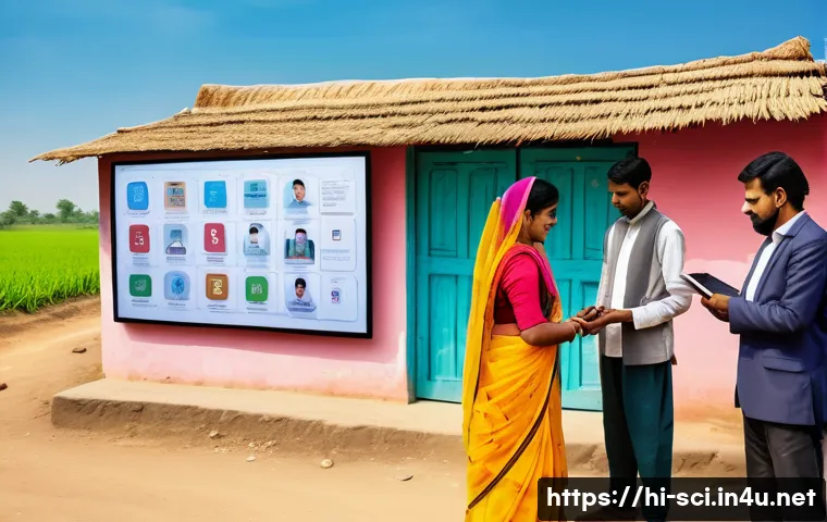 생체 인식 기술과 프라이버시 문제 - A detailed, vibrant scene showing an Indian rural village setting where diverse villagers are regist...