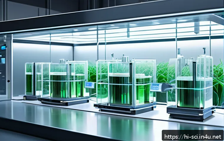 인공광합성과 지속 가능 에너지 - A futuristic laboratory scene showcasing advanced artificial photosynthesis technology: detailed dep...