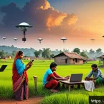 Home 23 위성 통신과 스타링크 프로젝트 - A vibrant rural Indian village scene at sunset, showcasing a group of diverse young villagers using ...