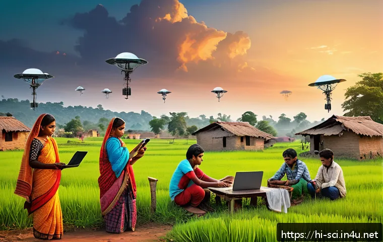 위성 통신과 스타링크 프로젝트 - A vibrant rural Indian village scene at sunset, showcasing a group of diverse young villagers using ...