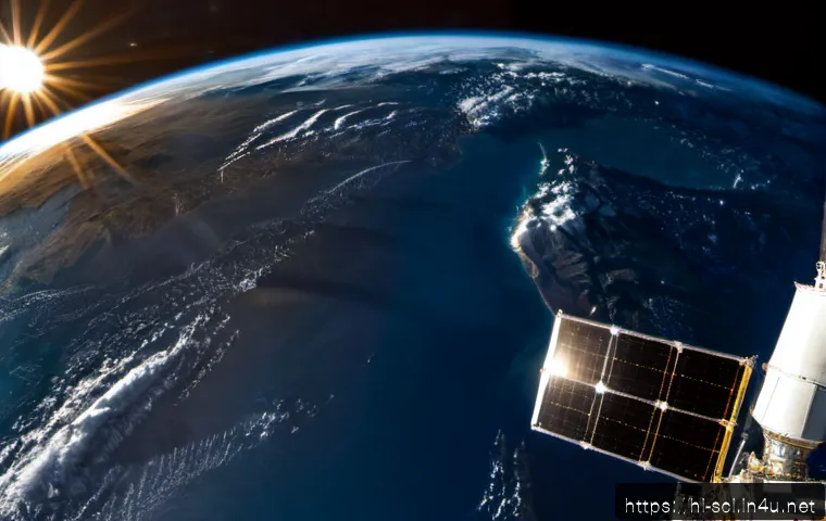지구 관측 위성과 환경 모니터링 - Photorealistic Earth observation satellite orbiting above the Indian subcontinent at dawn, detailed ...