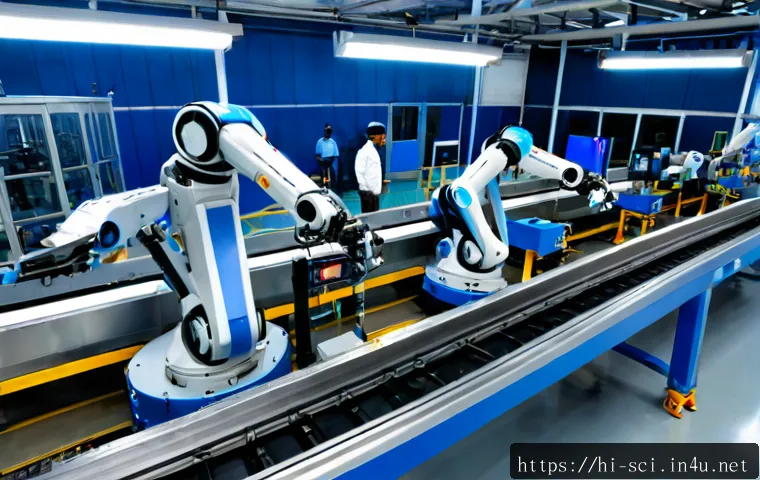 Home 17 스마트 팩토리와 자동화 공정 - Photorealistic wide-angle view of a modern smart factory production line, collaborative robotic arms...
